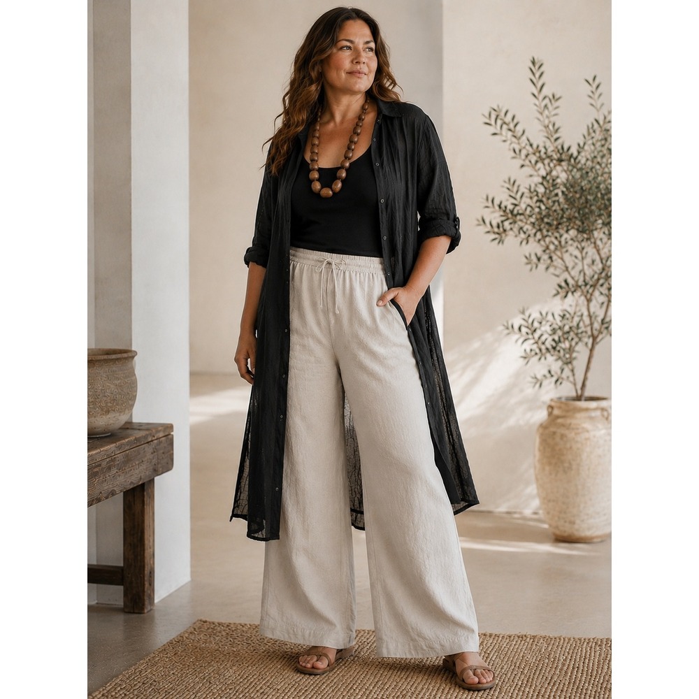 FLAX 100% Linen Long Duster Cardigan Coat L Black Buttons Lagenlook Minimalist